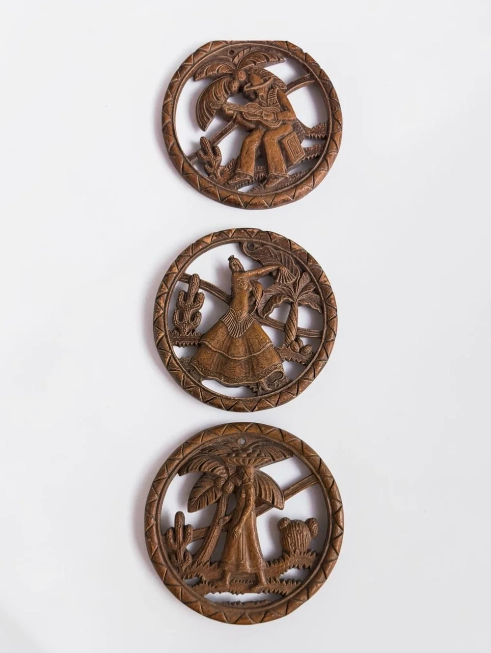 Vintage Hand-Carved Wooden Wall Plaques Set of 3 with Mexican Folk Dance